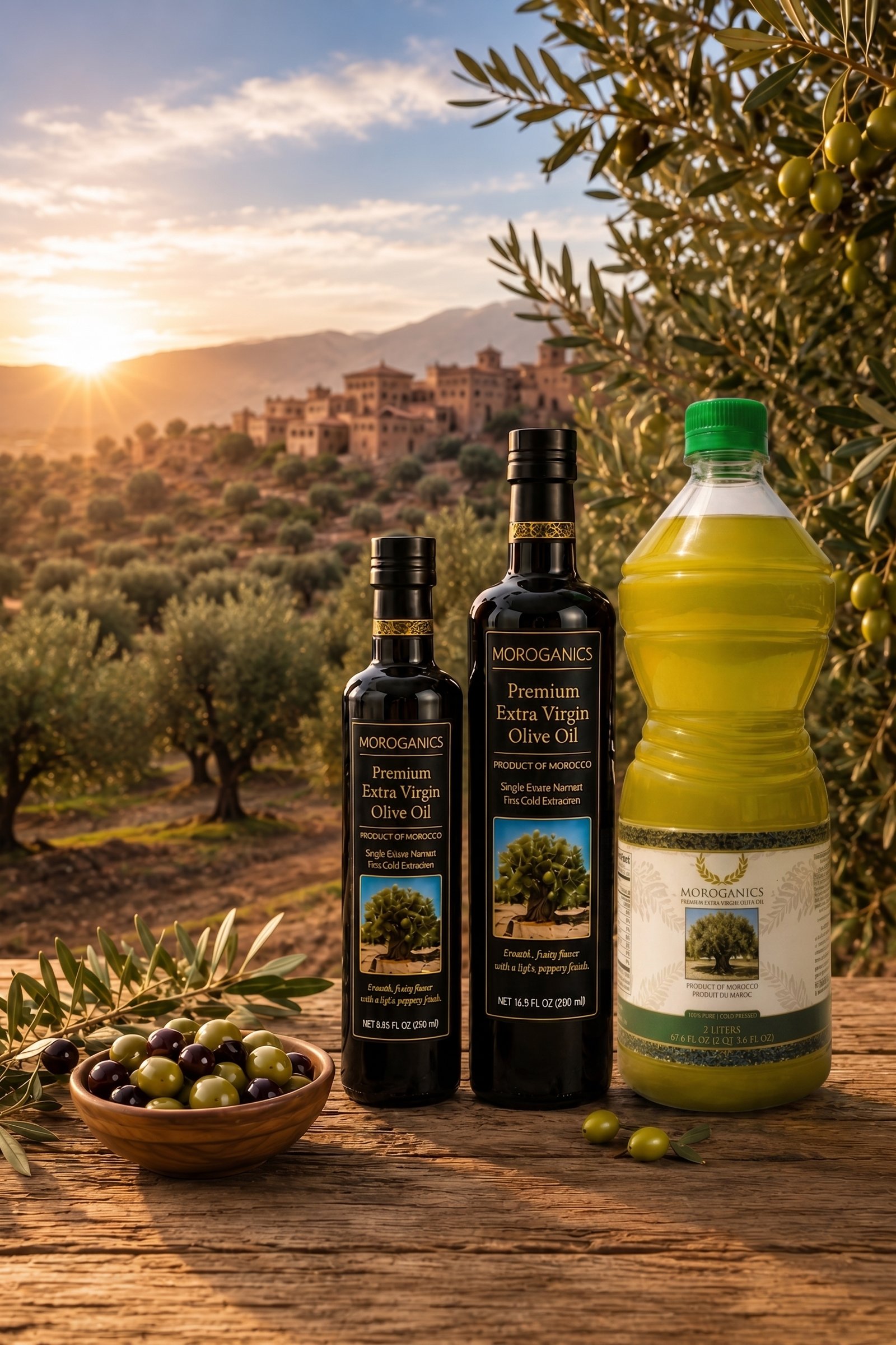 Moroganics premium Moroccan olive oil bottles in a Moroccan olive grove