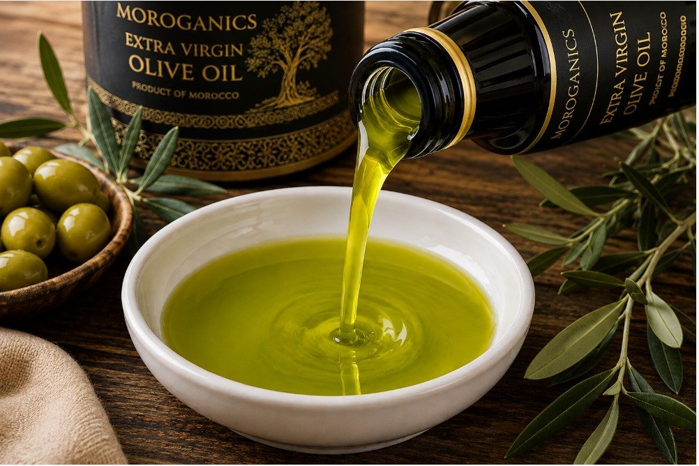 Moroganics Moroccan olive oil served with fresh bread olives and Mediterranean food