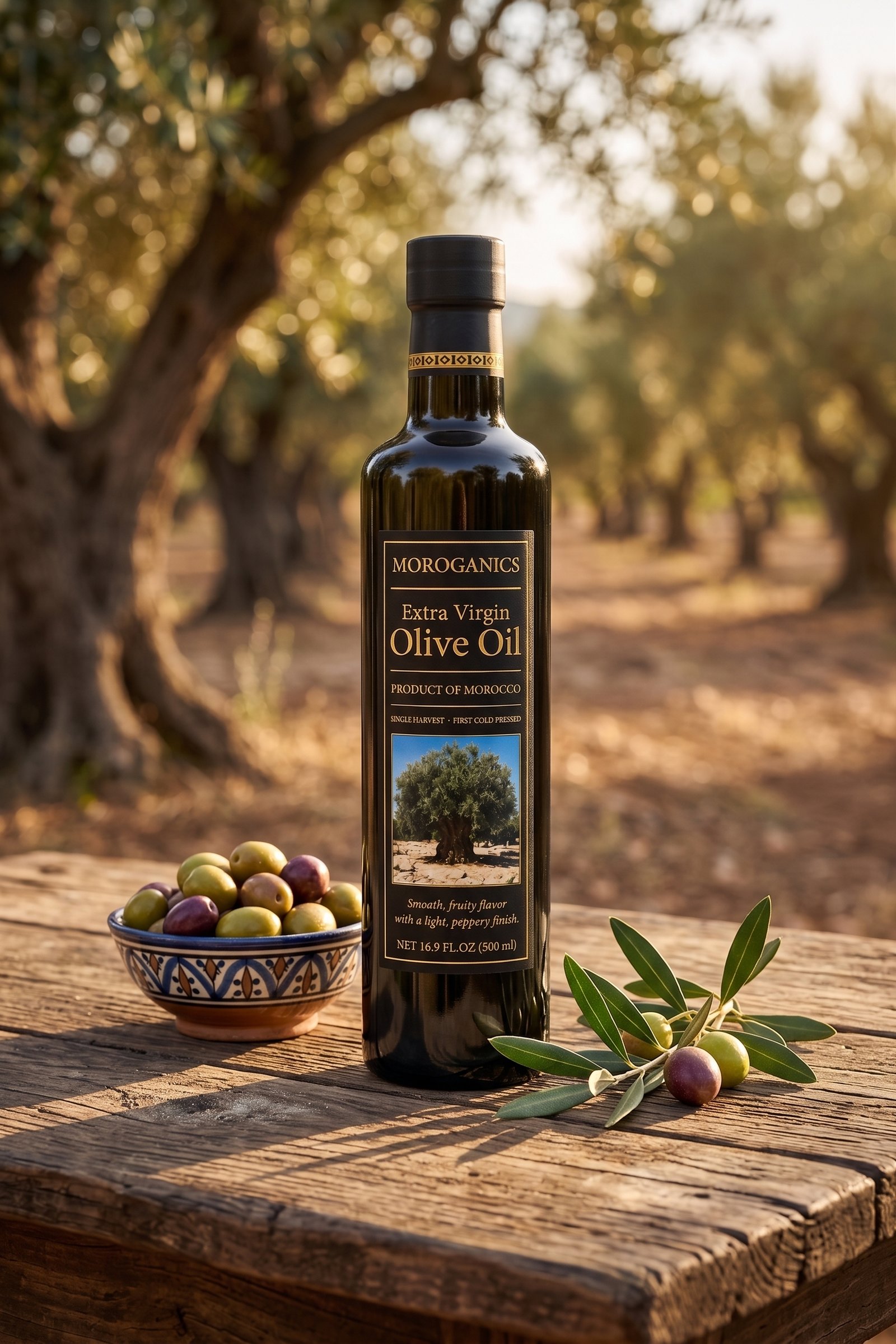 Moroganics premium Moroccan olive oil presented in a natural setting