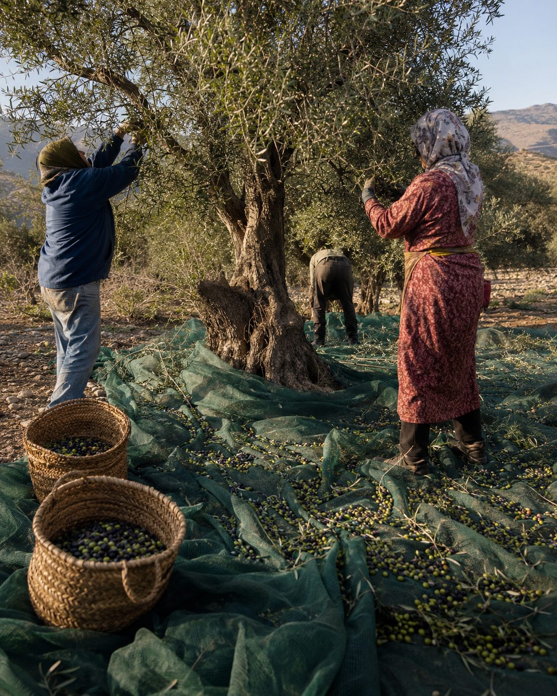 Olive harvest in a traditional Moroccan olive grove