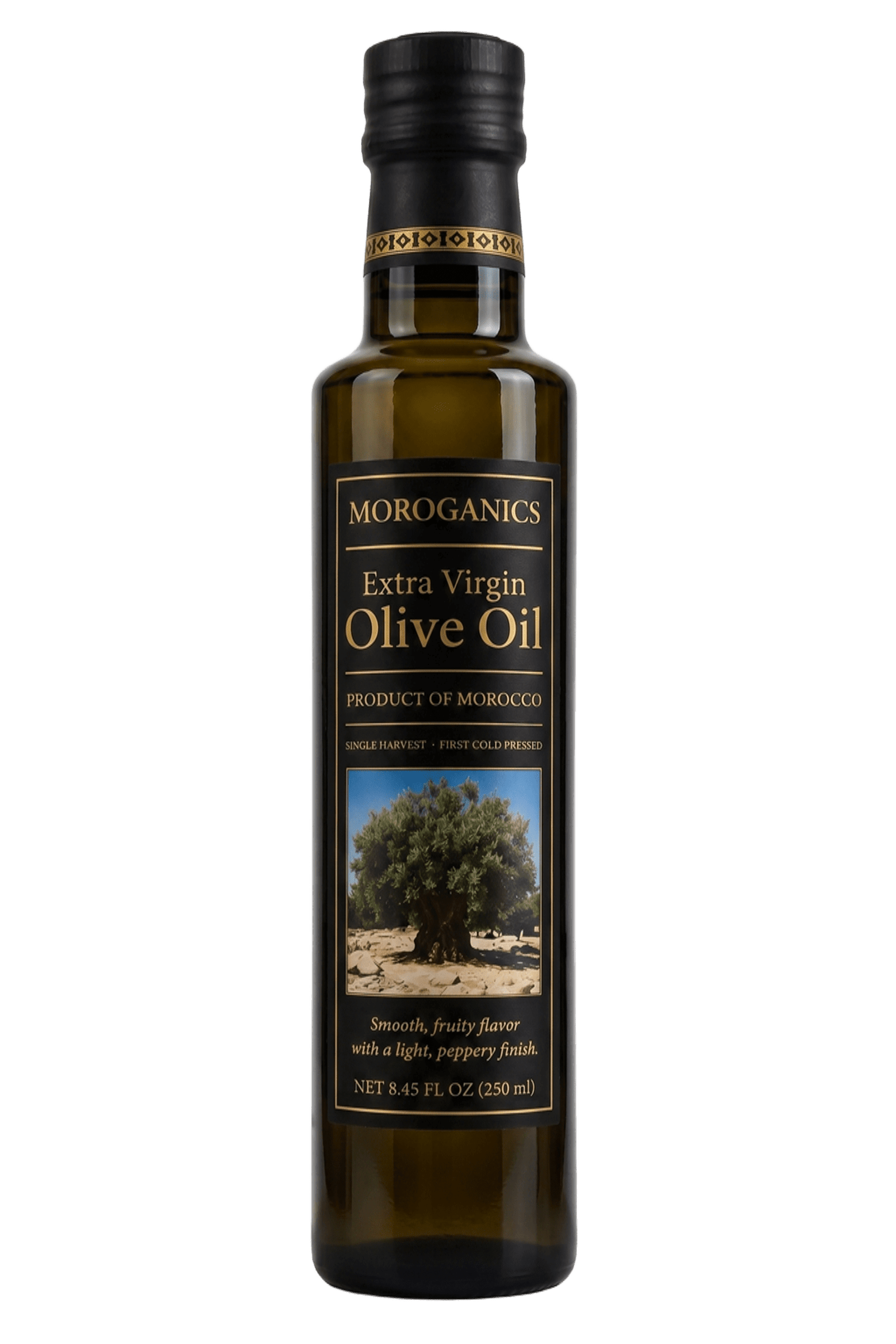Moroganics 250 ml premium Moroccan extra virgin olive oil bottle